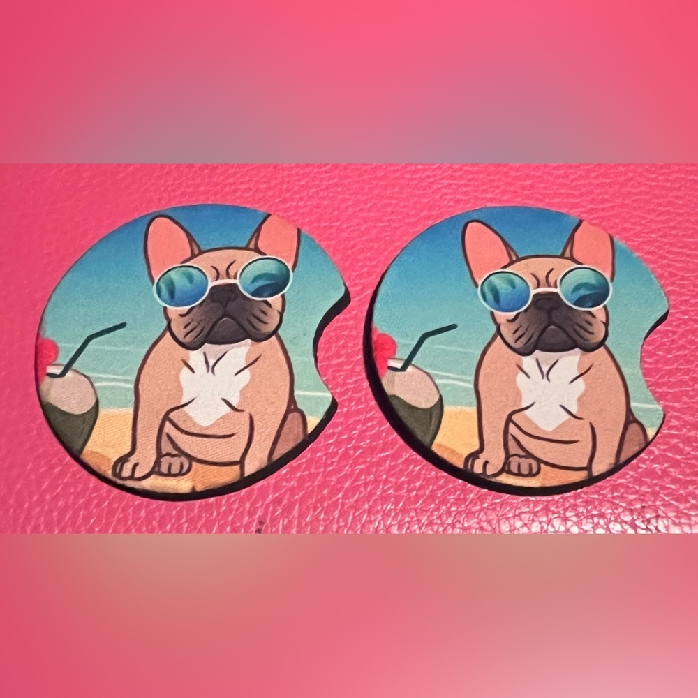 Fawn Frenchie wearing sunglasses coasters. Neoprene. Super absorbent. Standard